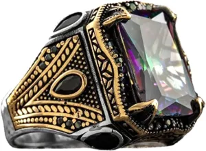Adjustable Vintage Rectangle Colours Gemstone Cocktail Rings Luxury Crystal Zircon Personalized Statement Party Ring for Men Fashion Jewelry Gifts Gold Silver Two Tone