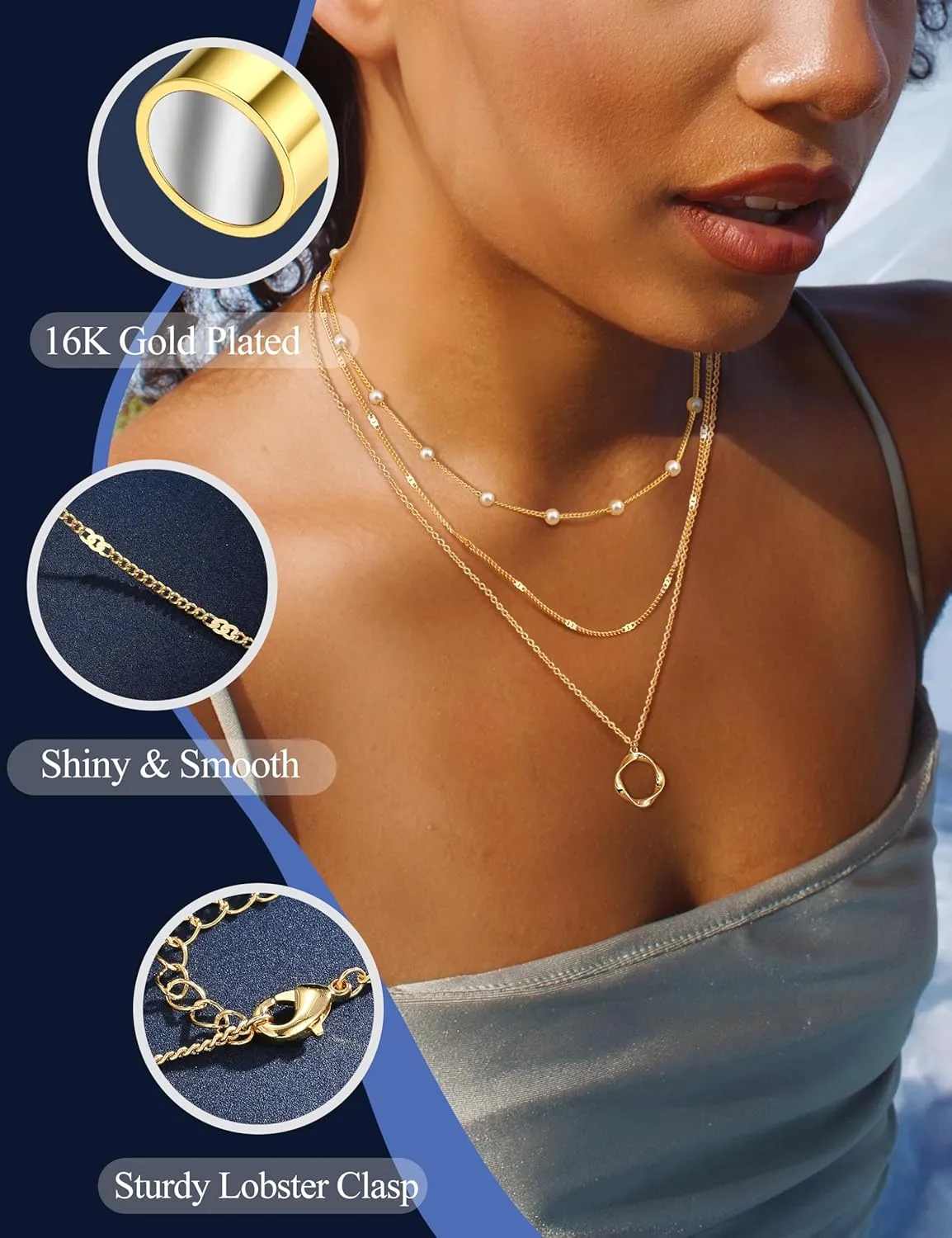 Besteel 3Pcs Dainty Layered Gold Necklaces for Women - Paperclip Pearl Choker Necklace Stack Set Trendy Simple Layering Chain Pendant Jewelry Non Tarnish Waterproof Gifts