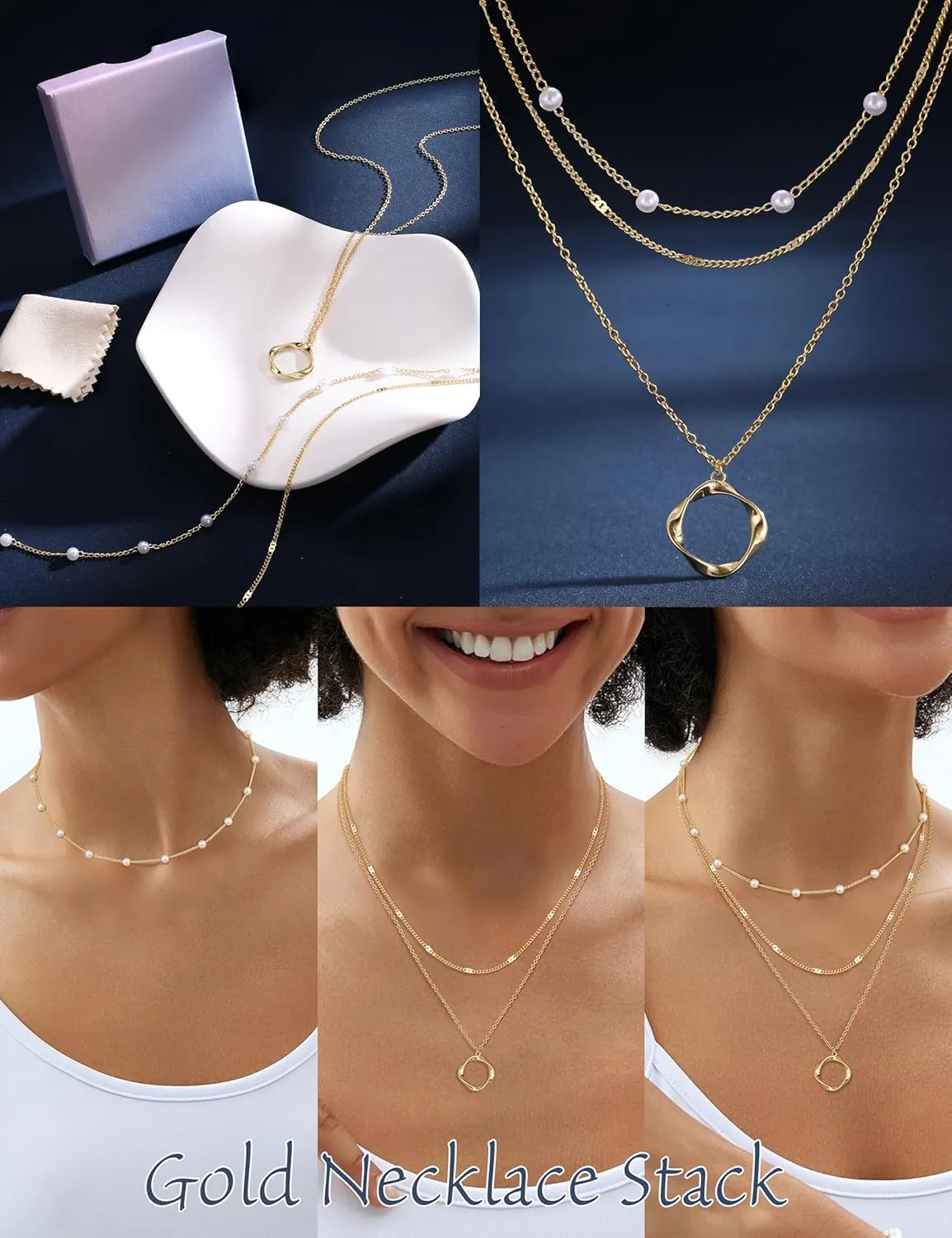 Besteel 3Pcs Dainty Layered Gold Necklaces for Women - Paperclip Pearl Choker Necklace Stack Set Trendy Simple Layering Chain Pendant Jewelry Non Tarnish Waterproof Gifts