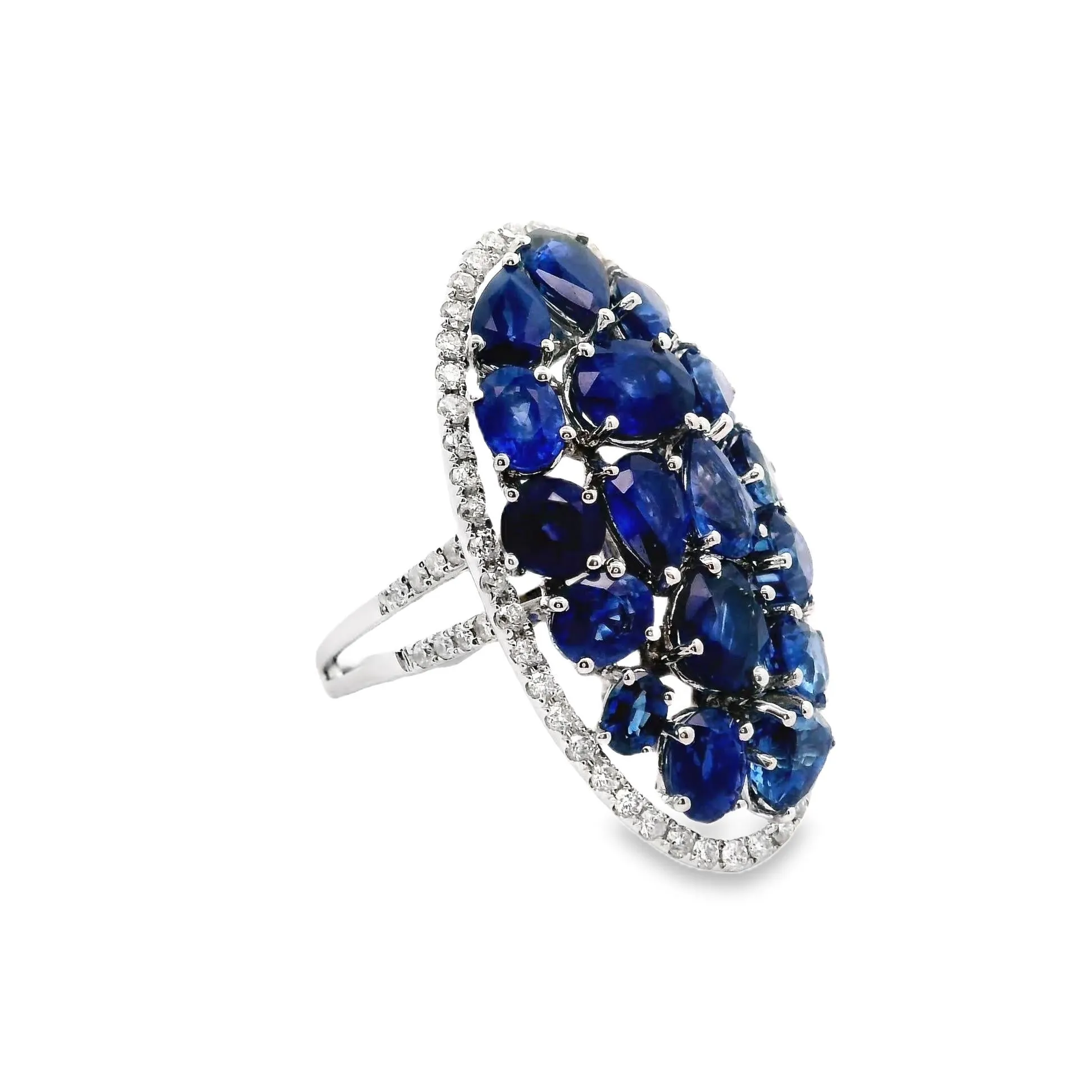 Blue Sapphire Cluster Diamond 18k White Gold Ring