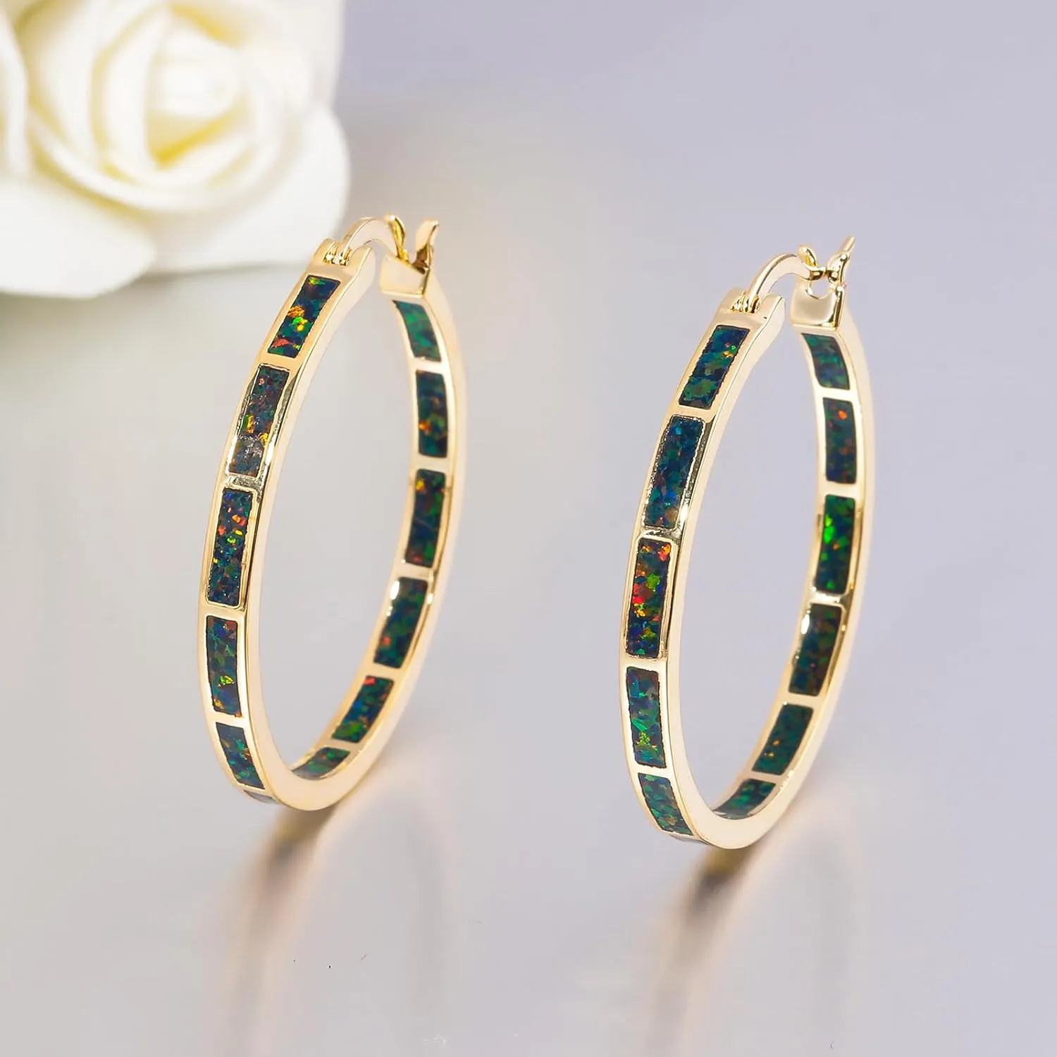 CiNily Opal Hoop Earrings,Women Jewelry Rhodium Plated/Rose Gold or Yellow Gold Plated Gemstone Big Hoop Earrings 32mm