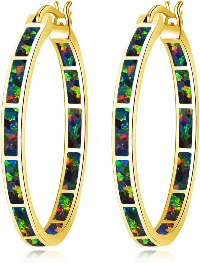 CiNily Opal Hoop Earrings,Women Jewelry Rhodium Plated/Rose Gold or Yellow Gold Plated Gemstone Big Hoop Earrings 32mm