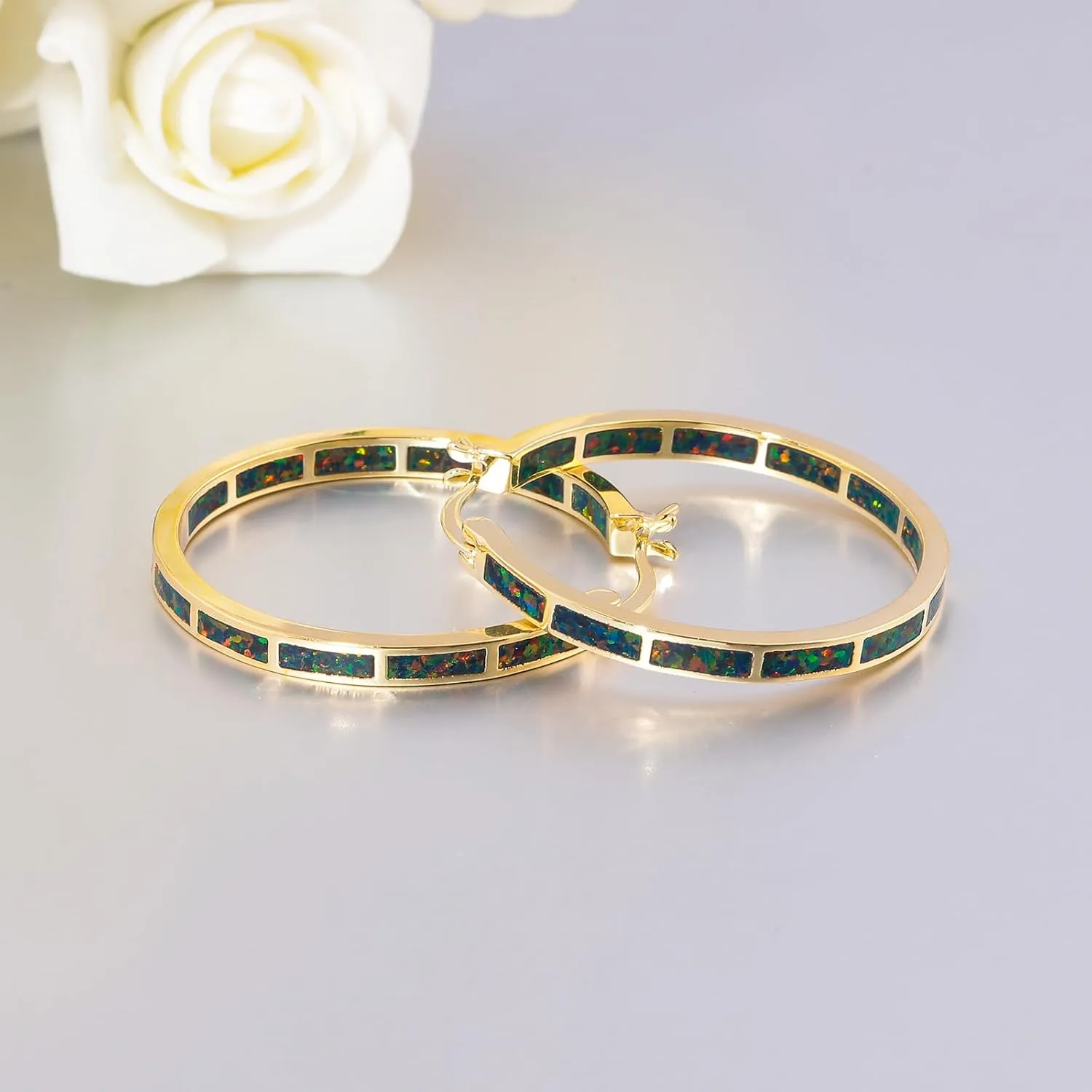CiNily Opal Hoop Earrings,Women Jewelry Rhodium Plated/Rose Gold or Yellow Gold Plated Gemstone Big Hoop Earrings 32mm