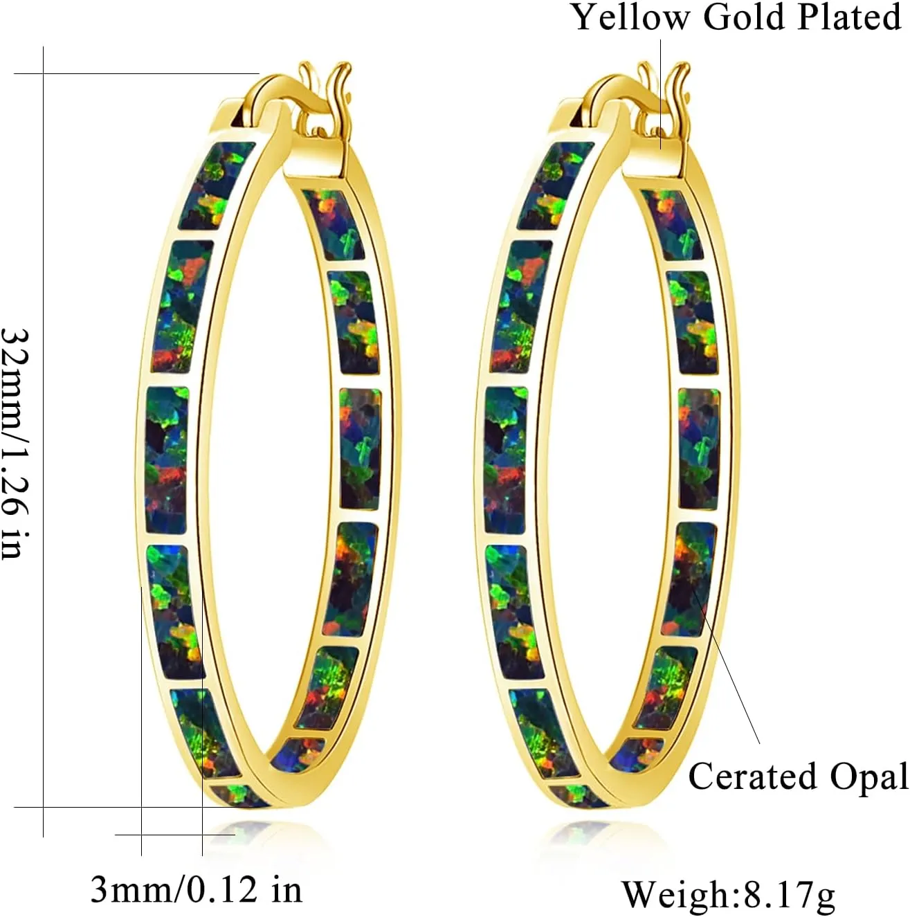 CiNily Opal Hoop Earrings,Women Jewelry Rhodium Plated/Rose Gold or Yellow Gold Plated Gemstone Big Hoop Earrings 32mm