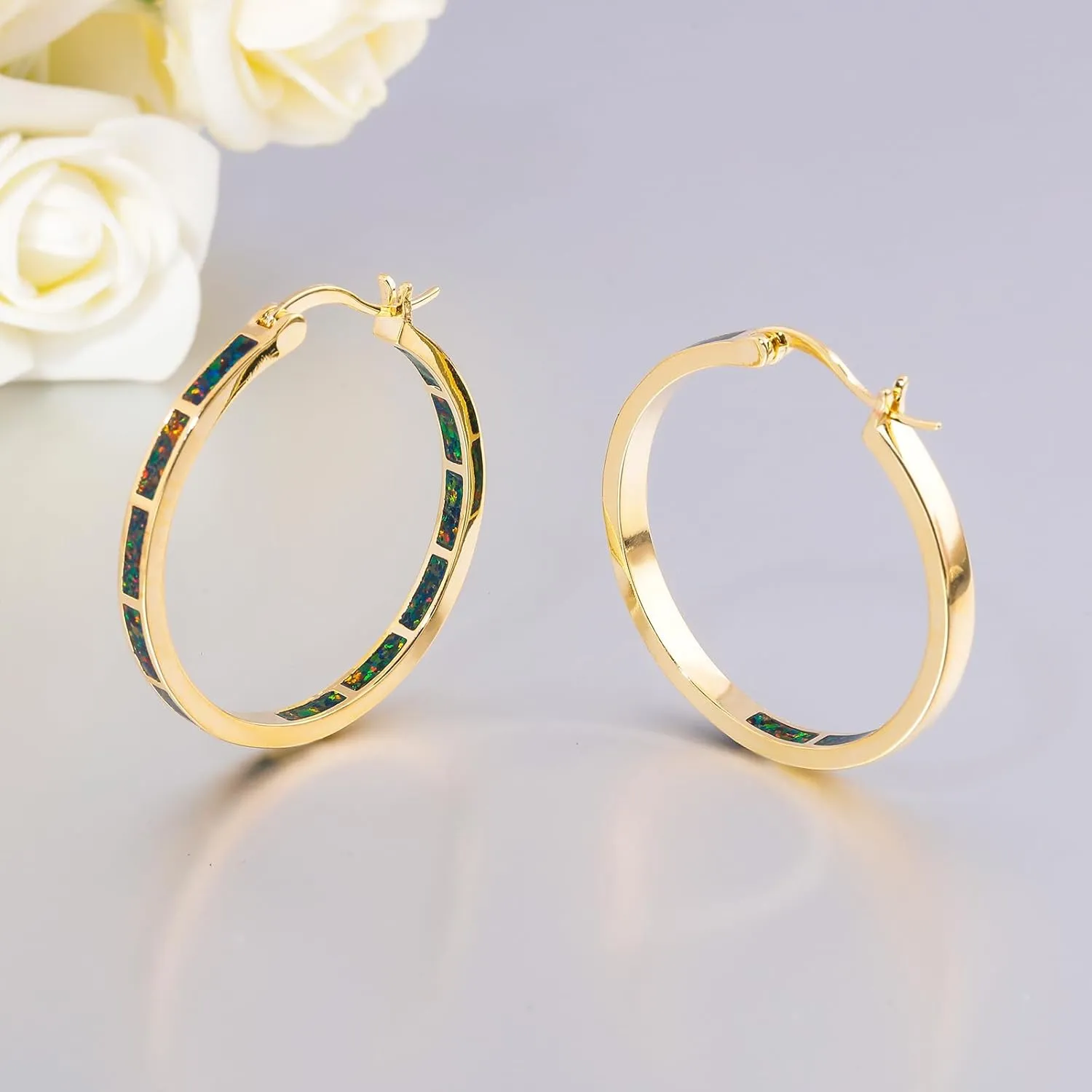 CiNily Opal Hoop Earrings,Women Jewelry Rhodium Plated/Rose Gold or Yellow Gold Plated Gemstone Big Hoop Earrings 32mm