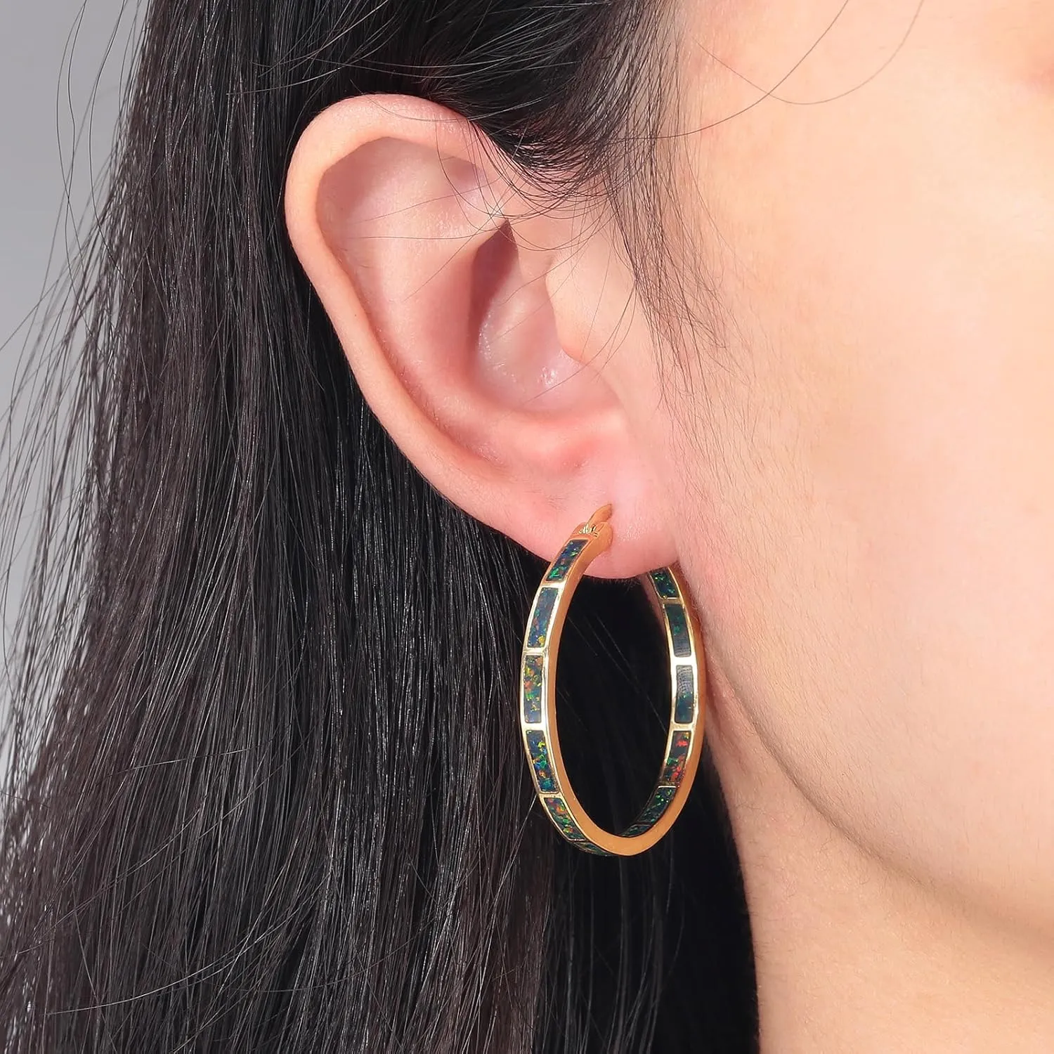 CiNily Opal Hoop Earrings,Women Jewelry Rhodium Plated/Rose Gold or Yellow Gold Plated Gemstone Big Hoop Earrings 32mm