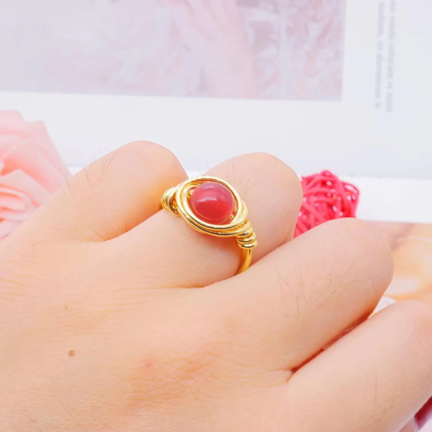 CJIAYUJEW 2PCS Carnelian Rings Gemstone Band Healing Ring for Women Carnelian Smooth Round Donut Ring
