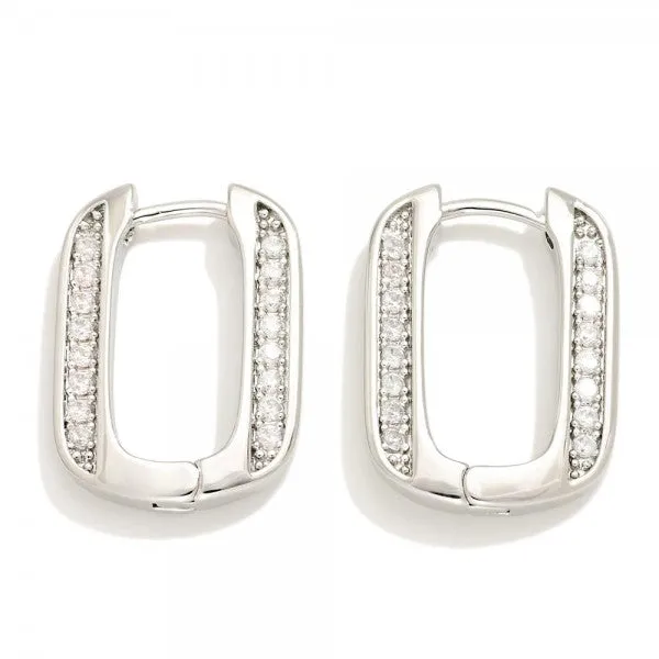 Cubic Zirconia Rounded Rectangle Huggie Hoop Earrings in Gold or Silver