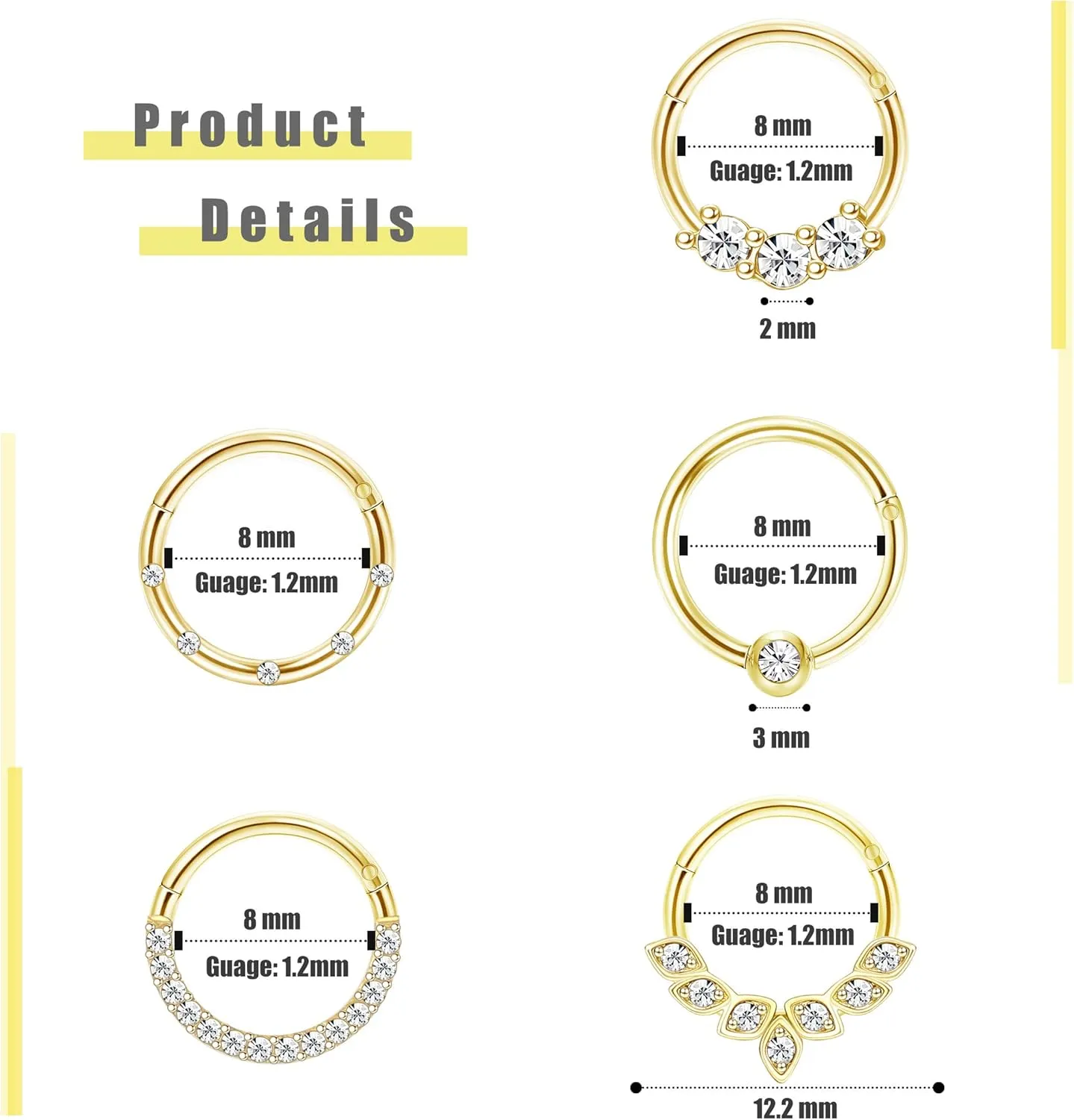 Drperfect Daith Earrings 16G Stainless Steel Cartilage Helix Tragus Nose Hoop Piercing Jewelry 8MM 10mm Silver Gold Rose Gold Black Plated CZ Hinged Septum Clicker Rings