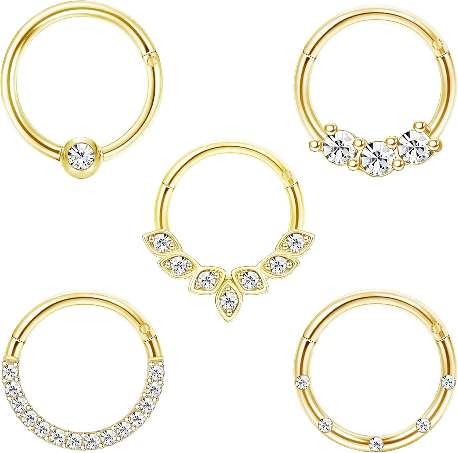 Drperfect Daith Earrings 16G Stainless Steel Cartilage Helix Tragus Nose Hoop Piercing Jewelry 8MM 10mm Silver Gold Rose Gold Black Plated CZ Hinged Septum Clicker Rings