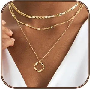 Gold Layered Necklaces for Women 14k Gold Plated Dainty Stackable Choker Necklaces for Women Trendy Layering Circle Paperclip Chain Cute Pendant Necklace Set Gold Jewelry for Women