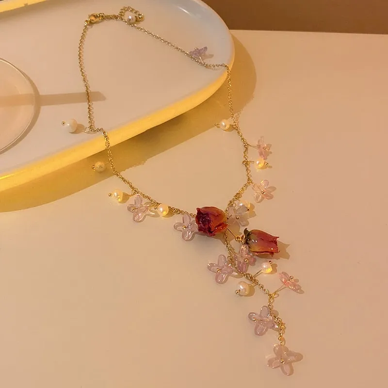 Immortal Flower Pearl Necklaces Bracelet Earrings Set