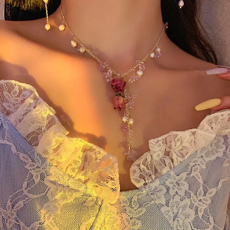 Immortal Flower Pearl Necklaces Bracelet Earrings Set