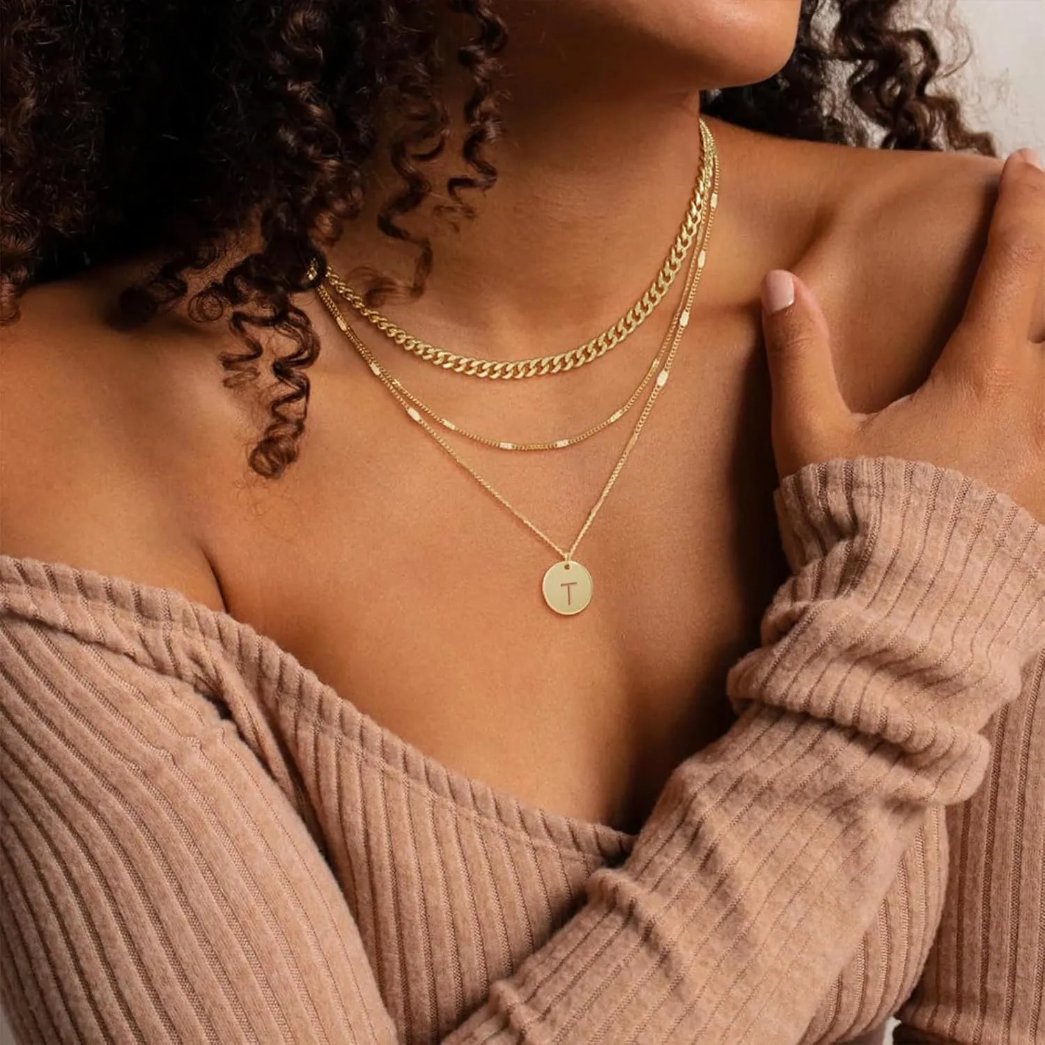 Initial Necklaces for Women Trendy, 14K Gold Plated Letter Necklace Stack Round Coin Disc Pendant Layered Choker Cuban Chain A-Z Gold Necklace Personalized Jewelry Gift Sets for Women