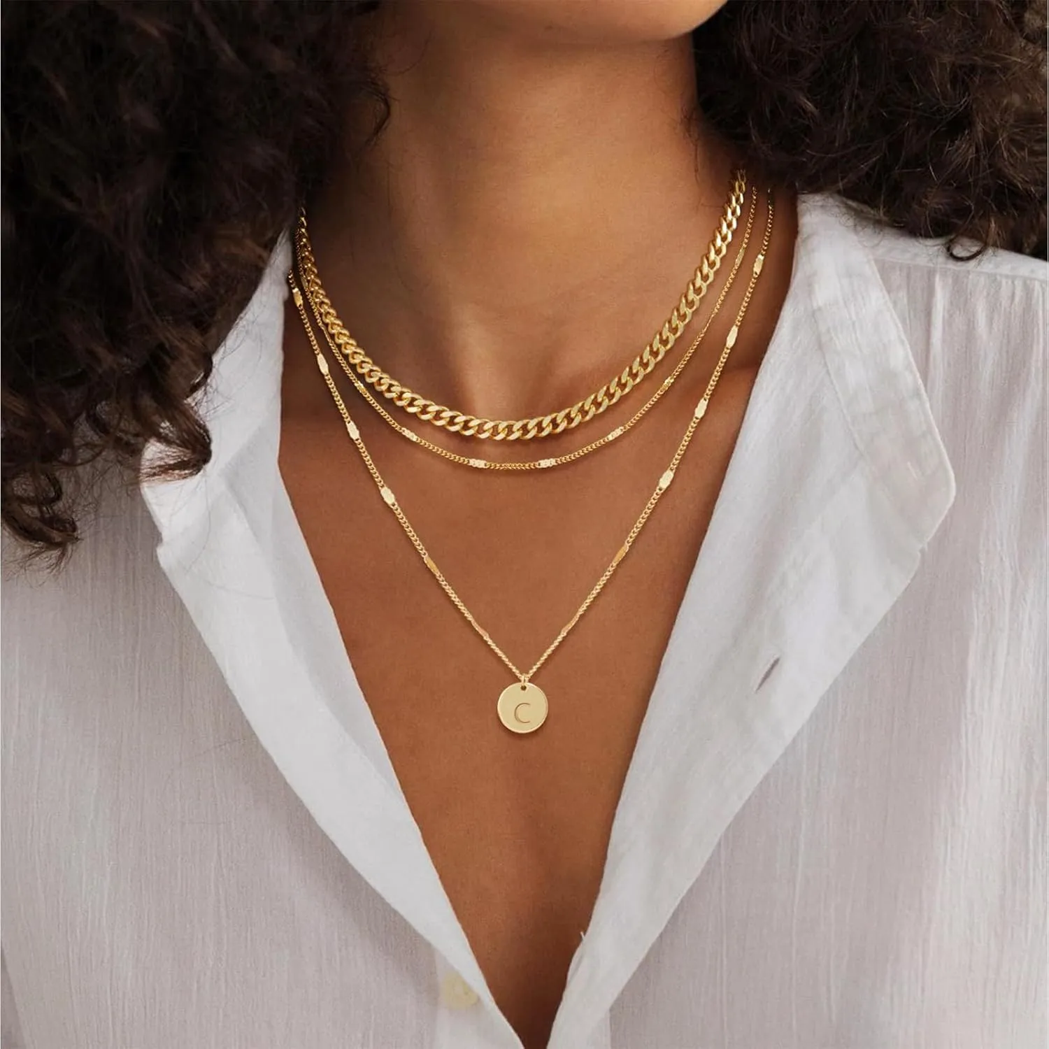 Initial Necklaces for Women Trendy, 14K Gold Plated Letter Necklace Stack Round Coin Disc Pendant Layered Choker Cuban Chain A-Z Gold Necklace Personalized Jewelry Gift Sets for Women