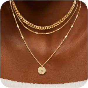 Initial Necklaces for Women Trendy, 14K Gold Plated Letter Necklace Stack Round Coin Disc Pendant Layered Choker Cuban Chain A-Z Gold Necklace Personalized Jewelry Gift Sets for Women