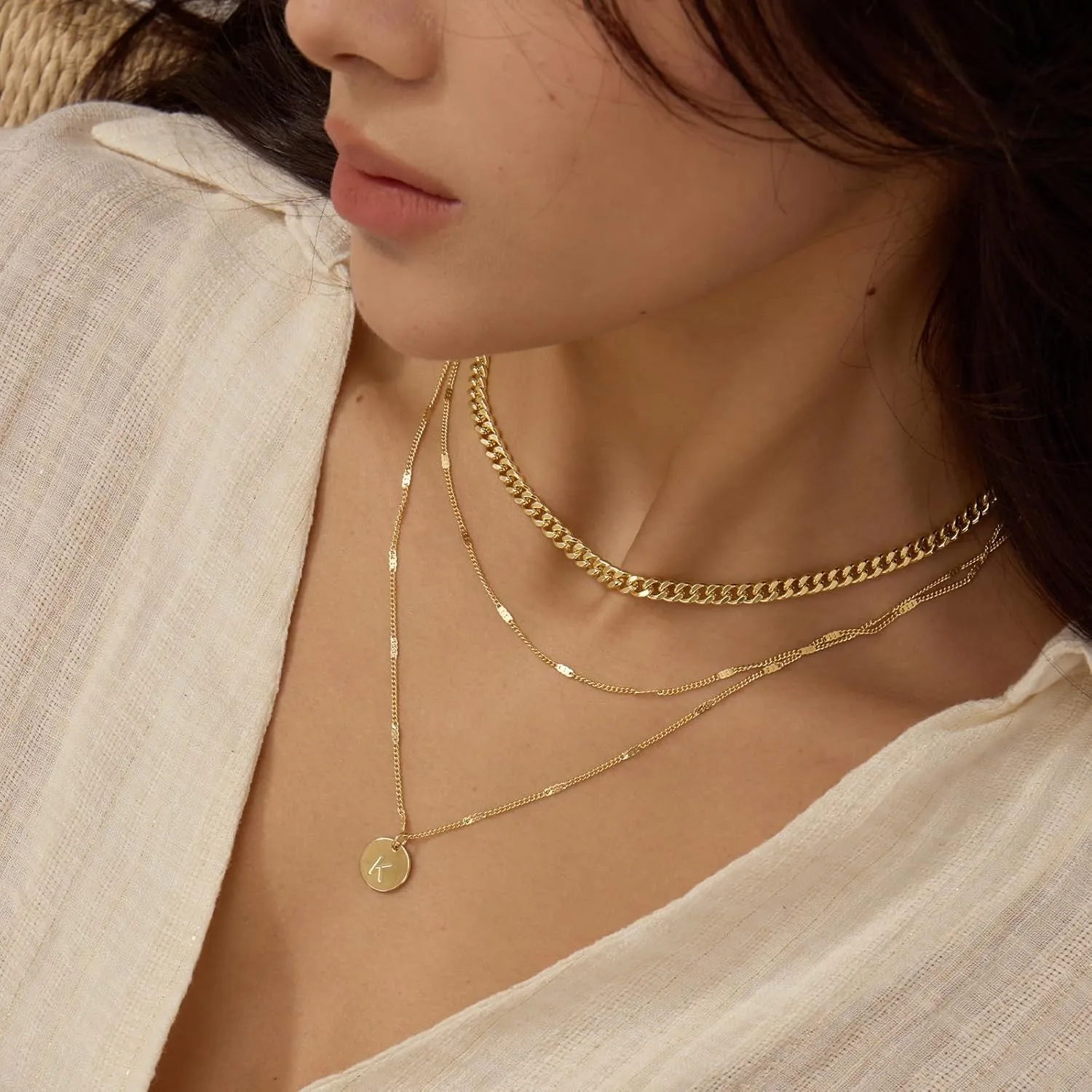 Initial Necklaces for Women Trendy, 14K Gold Plated Letter Necklace Stack Round Coin Disc Pendant Layered Choker Cuban Chain A-Z Gold Necklace Personalized Jewelry Gift Sets for Women
