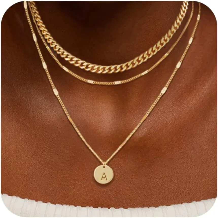 Initial Necklaces for Women Trendy, 14K Gold Plated Letter Necklace Stack Round Coin Disc Pendant Layered Choker Cuban Chain A-Z Gold Necklace Personalized Jewelry Gift Sets for Women