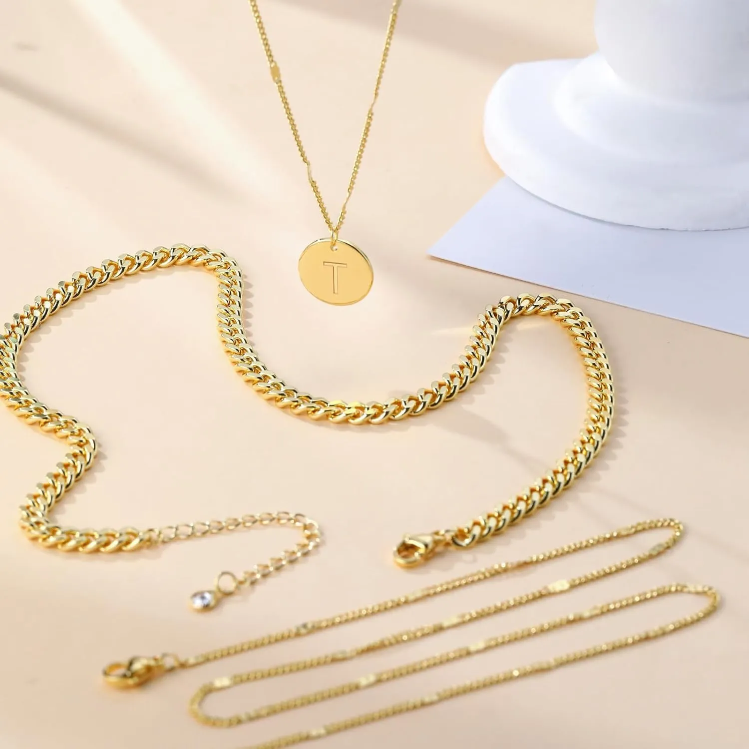 Initial Necklaces for Women Trendy, 14K Gold Plated Letter Necklace Stack Round Coin Disc Pendant Layered Choker Cuban Chain A-Z Gold Necklace Personalized Jewelry Gift Sets for Women