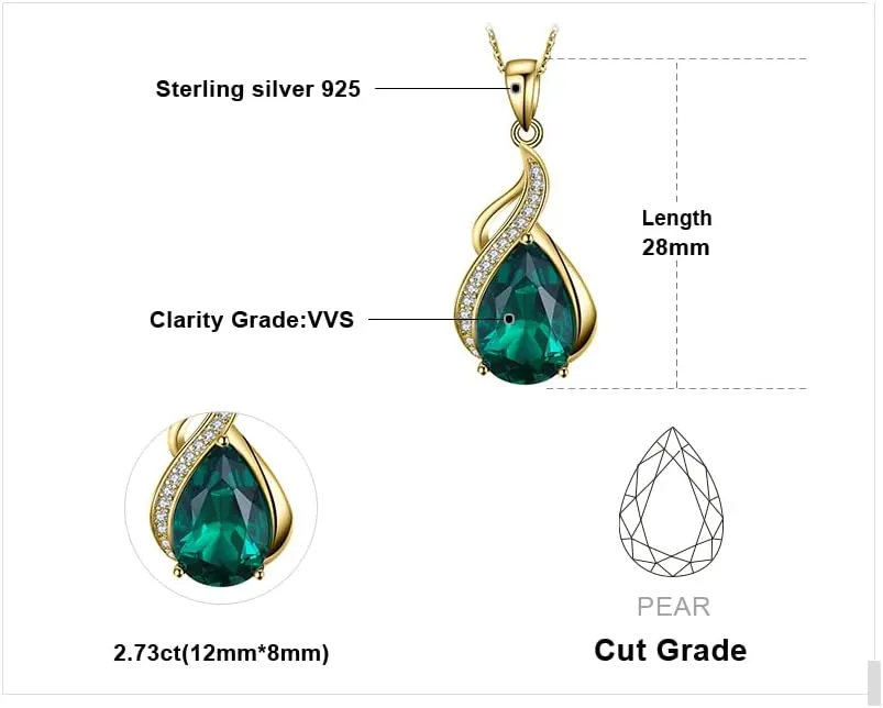 JewelryPalace Pear 2.8ct Simulated Nano Green Emerald Pendant Necklace for Women, 925 Sterling Silver White Yellow Rose Gold Plated Necklace for Her, Fashion Gemstone Gift for Girl 18 Inches Chain