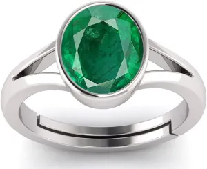 LMDKART Original Natural Emerald 8.25 Ratti / 7.90 Carat Panna Silver Plated Adjustable Ring for Women's and Men's (Lab - Approved), Green