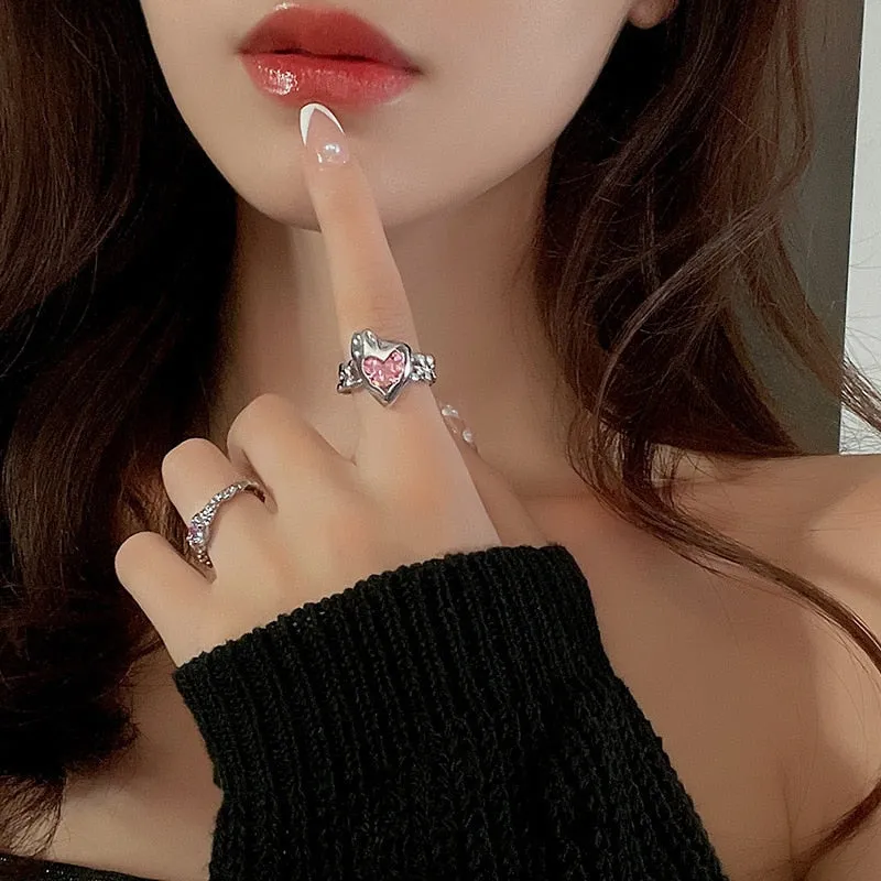 Pink Crystal Opal Broken Heart Rings