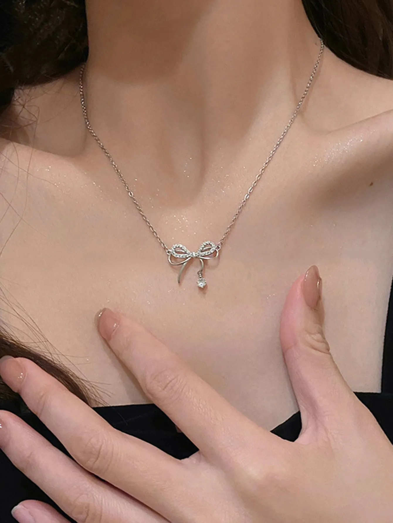 Rhinestone Bow Charm Necklace for Women Jewelry for Women Gift for Her Necklace