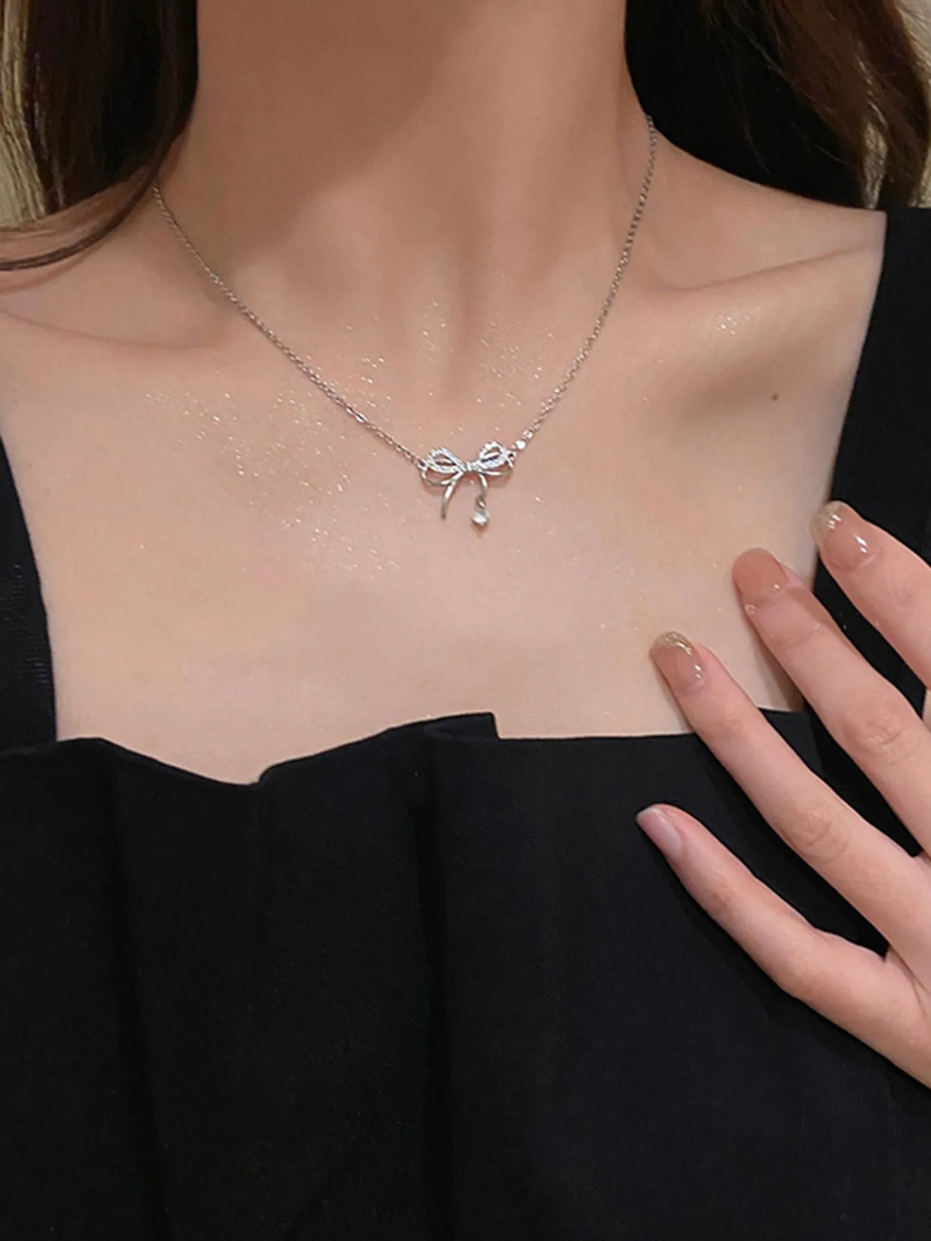 Rhinestone Bow Charm Necklace for Women Jewelry for Women Gift for Her Necklace
