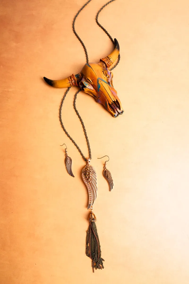 SALE! Multi-Tone Crystal Wing and Tassel Pendant Necklace and Earring Set