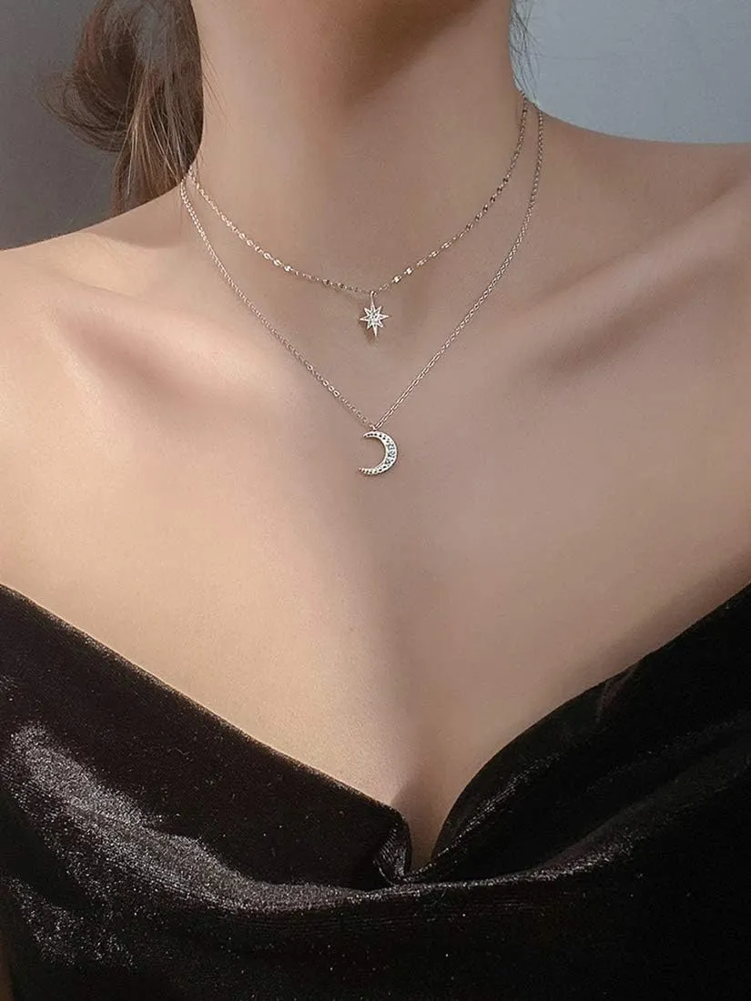 SLUYNZ 925 Sterling Silver Layered Necklace Chain Star Moon Choker Necklace for Women Layering Chain Choker