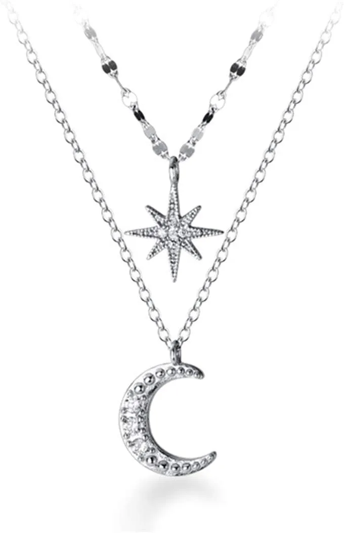 SLUYNZ 925 Sterling Silver Layered Necklace Chain Star Moon Choker Necklace for Women Layering Chain Choker