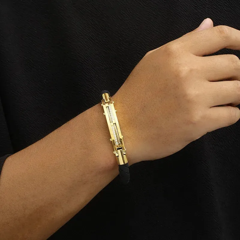 Stainless Steel Gold-Plated Leather Bracelet for Men