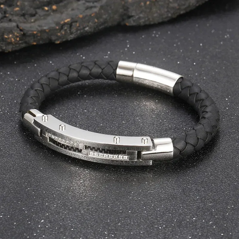 Stainless Steel Gold-Plated Leather Bracelet for Men