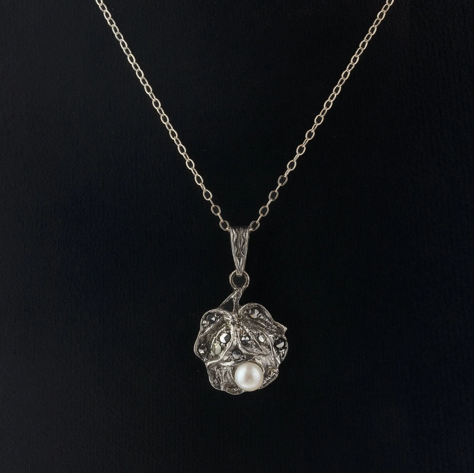 Sterling silver rose pendant with marcasites and pearl.  Germany.  1980s.  pdvs1004