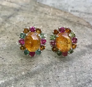 Tourmaline Earrings - Yellow Flower Earrings - Colorful Vintage Studs