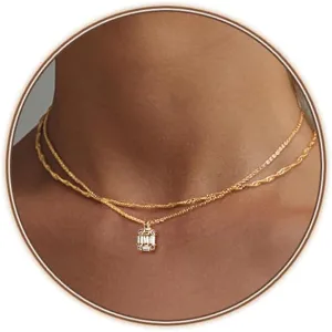 Zeffy Diamond Necklaces for Women, Dainty Gold Necklace 18k Gold Plated Layered Necklaces Simple Gold CZ Diamond Pendant Necklaces for Women Trendy Jewelry Gifts for Girls